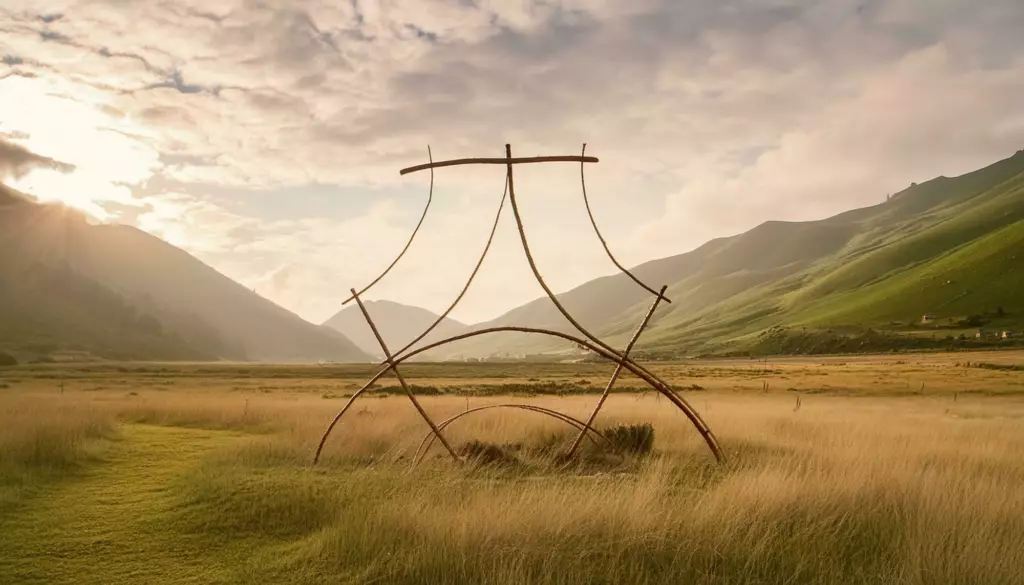 A relaxing countryside with a wooden statue in the foreground